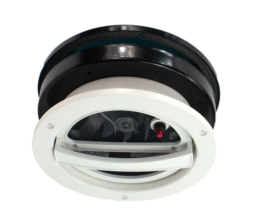 VP-543 – VENTLINE/DEX Roof Vent, Manual Opening 6-1/4 Inch Diameter With Screen With 12 Volt Fan Polar White With Smo...
